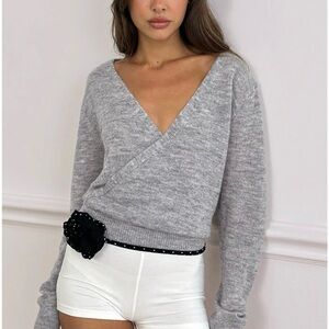 Motel Rocks Saroya Plunge Wrap Top in Knit Grey NWT Size M